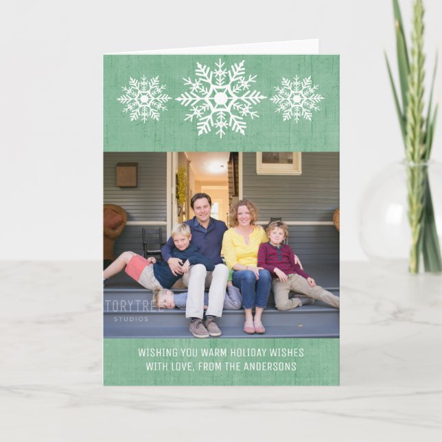 Green Rustic Snowflake Holiday Photo Card (Front)