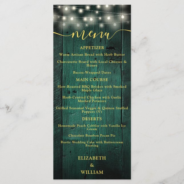 Green Rustic String Lights Barn Wood Wedding Menu (Front)