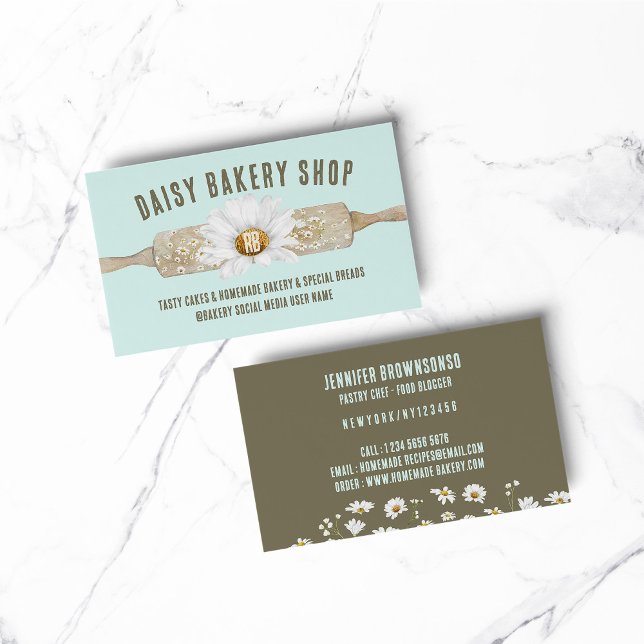 Green Rustic Style Daisy Flower Bakery Business Card (BAKERY PASTRY CHEF COOK CAKE event planner business)