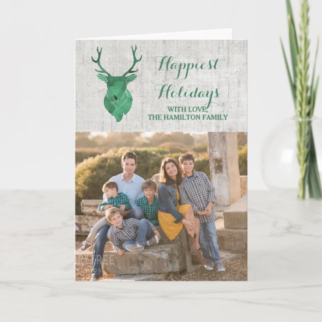 Green Rustic Watercolor Deer Holiday Photo Card (Front)