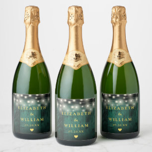Green Rustic Wood Boho Barn String Lights Wedding Sparkling Wine Label