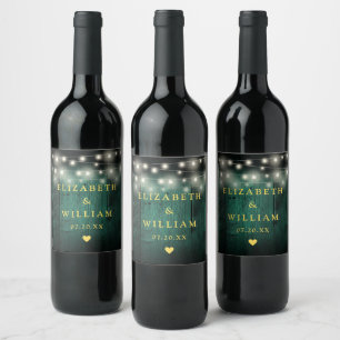 Green Rustic Wood Boho Barn  String Lights Wedding Wine Label