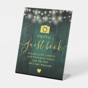 Green Rustic Wood String Lights Photo Guest Book Pedestal Sign