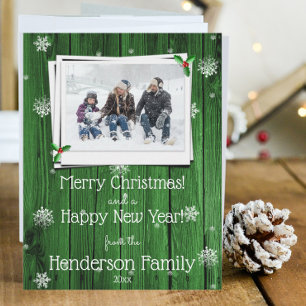 Green Rustic Wooden Flat Holiday Photo Card