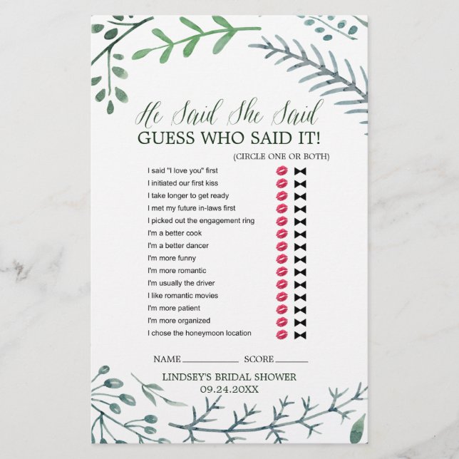 Green Rustic Wreath "He Said She Said" Game (Front)