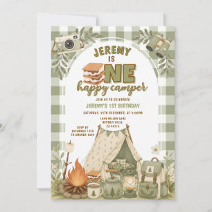 Green S’mores Camping Boy Camper Party Gingham Invitation