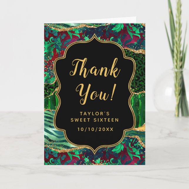 Green Safari Agate Sweet Sixteen Thank You Card (Front)