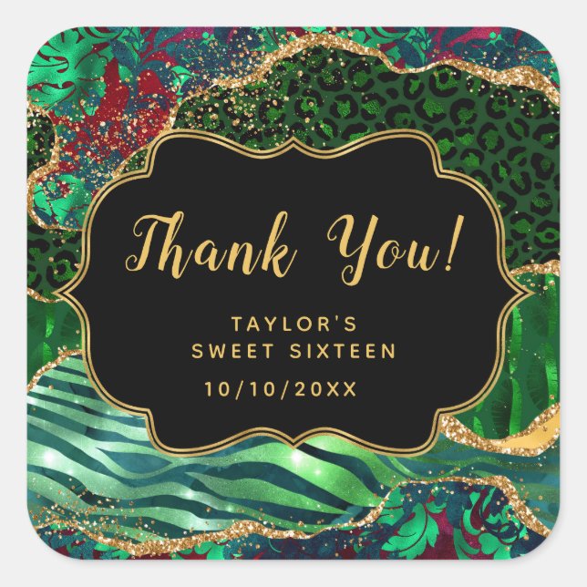 Green Safari Agate Sweet Sixteen Thank You Square Sticker (Front)