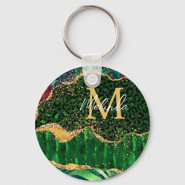 Green Safari Animal Print Agate Key Ring (Front)