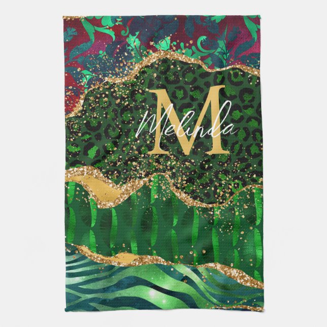 Green Safari Animal Print Agate Tea Towel (Vertical)