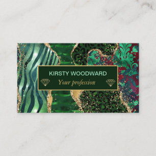 Green Safari Animal Print Gold Glitter Agate Business Card