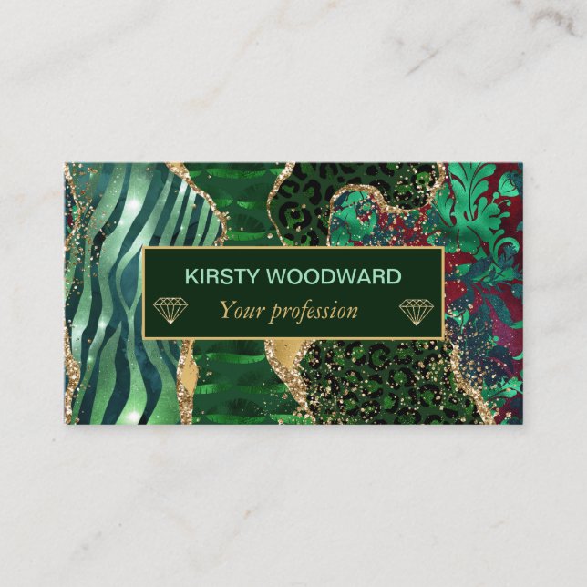 Green Safari Animal Print Gold Glitter Agate Business Card (Front)