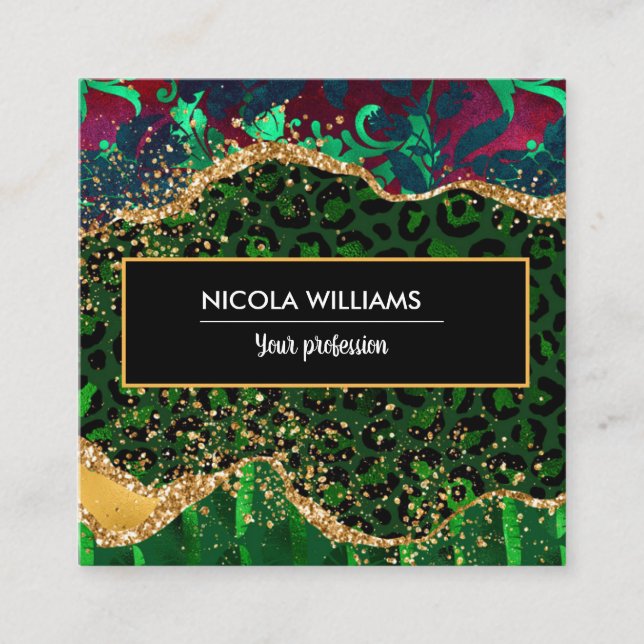 Green Safari Jungle Animal Print Agate Square Business Card (Front)