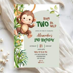 Green Safari Monkey Born Two Be Wild 2nd Birthday Invitation