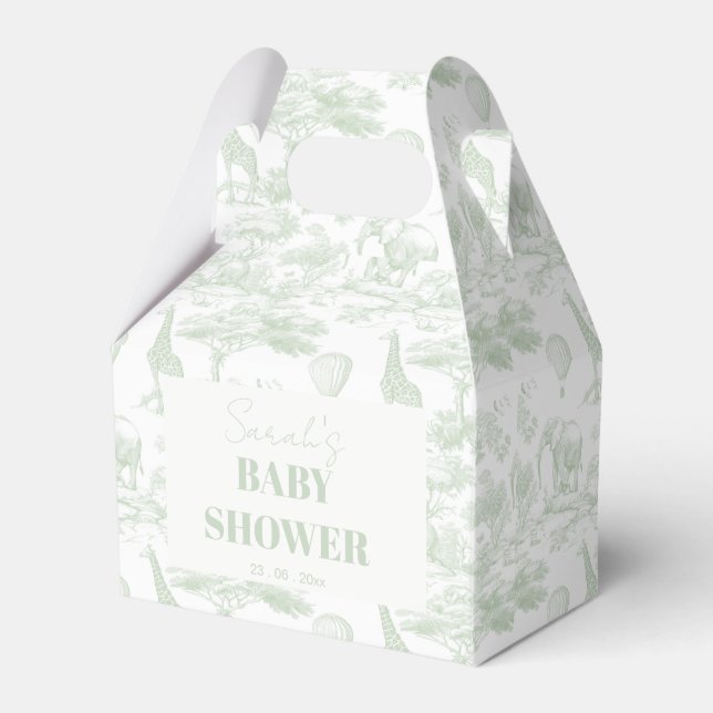 Green Safari Toile D Jouy Jungle Theme Baby Shower Favour Box (Front Side)