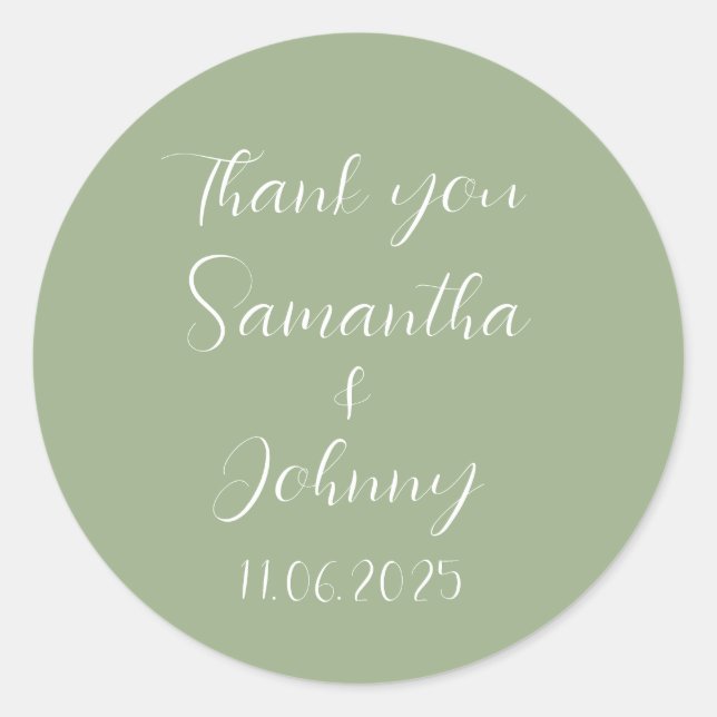 Green Sage Calligraphy Elegant Couple Wedding Classic Round Sticker (Front)
