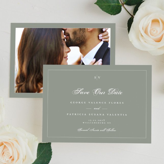 Green Sage Elegant Monogram Classic Frame Photo Save The Date (Creator Uploaded)