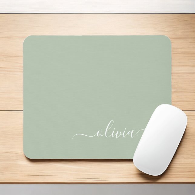 Green Sage Girly Script Monogram Name Modern Mouse Pad (Creator Uploaded)