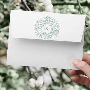 Green sage leaf monogram art wedding envelope