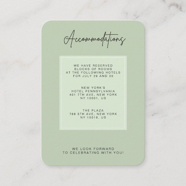 Green Sage Minimal Wedding Accommodation Enclosure Card (Front)