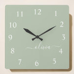 Green Sage Script Monogram Girly Name  Square Wall Clock<br><div class="desc">Green Sage Script Monogram Name Clock. This makes the perfect sweet 16 birthday,  wedding,  bridal shower,  anniversary,  baby shower or bachelorette party gift for someone that loves glam luxury and chic styles.</div>