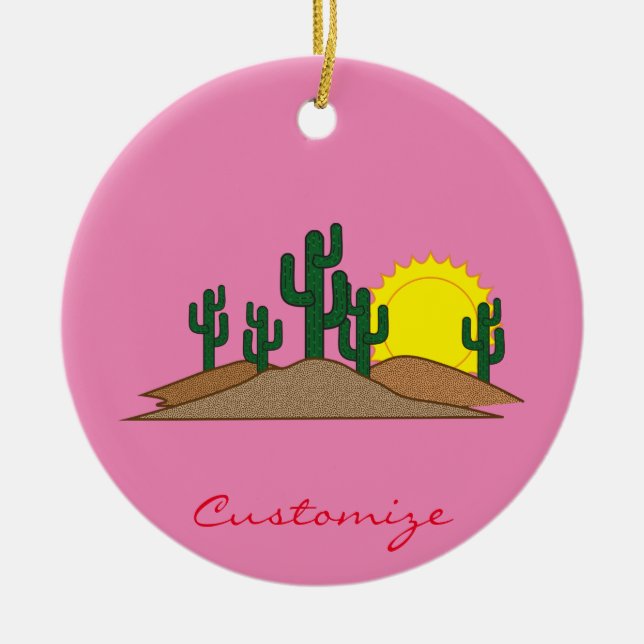 Green Saguaro Cactus Desert Sunrise Ceramic Tree Decoration (Front)
