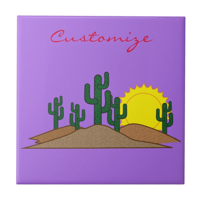 Green Saguaro Cactus Desert Sunrise Thunder_Cove Tile (Front)