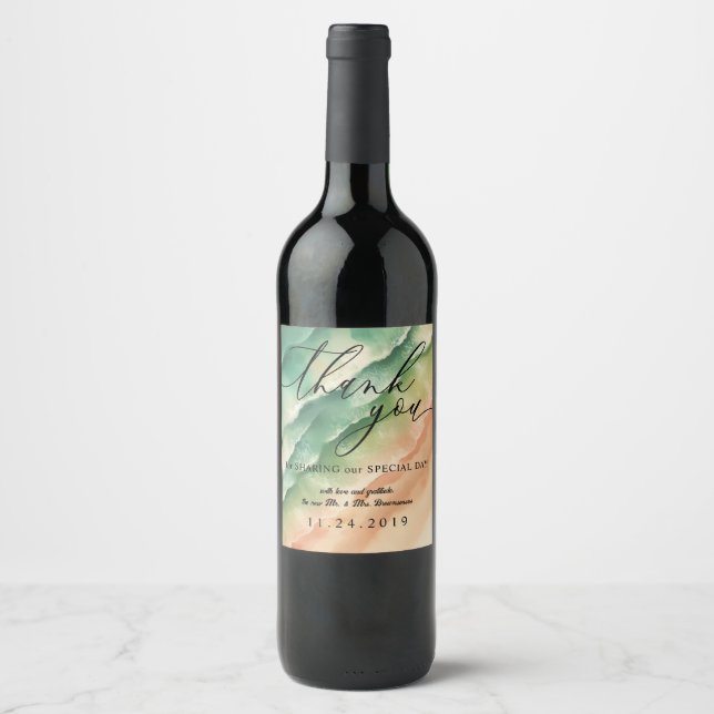 Green Sand Ocean Beach Summer Watercolor Wedding Wine Label (Front)
