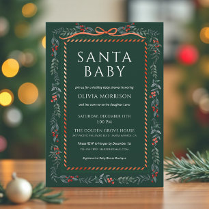 Green Santa Baby Bow Christmas Baby Shower Invitation