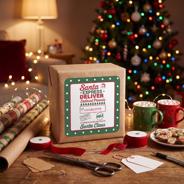 Green Santa Express Delivery Christmas Dotted Square Sticker (Creator Uploaded)