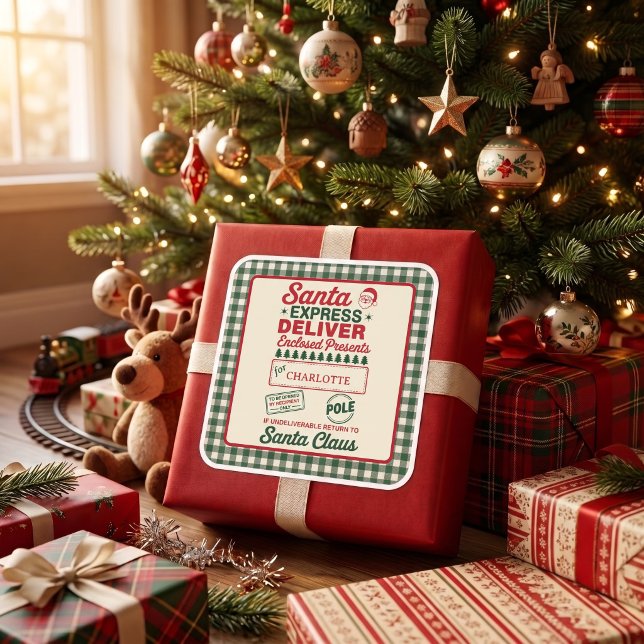 Green Santa Express Delivery Christmas Plaid Square Sticker (Creator Uploaded)