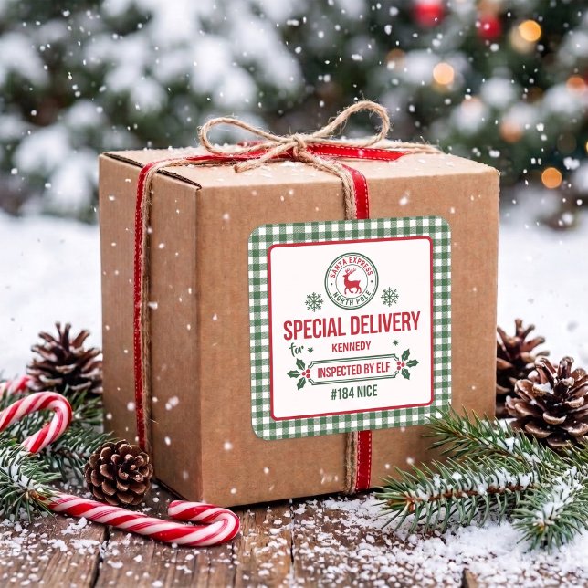 Green Santa Express Reindeer delivery plaid Square Sticker (Creator Uploaded)