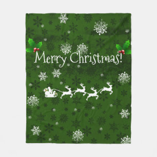 Green Santa's Sleigh and Reindeer Fleece Blanket