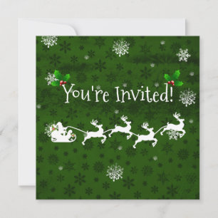 Green Santa's Sleigh and Reindeer Invitation