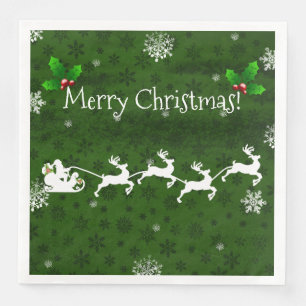 Green Santa's Sleigh and Reindeer Paper Napkin