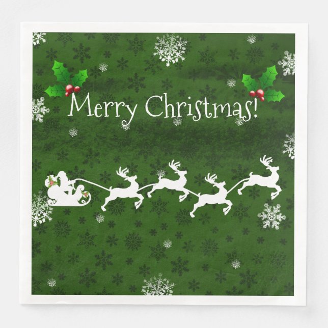 Green Santa's Sleigh and Reindeer Paper Napkin (Front)