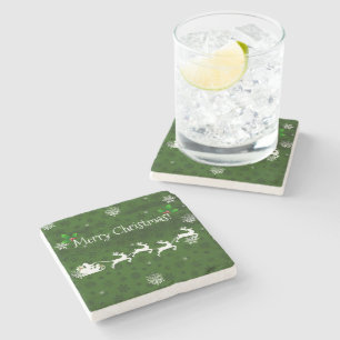 Green Santa's Sleigh and Reindeer Stone Coaster