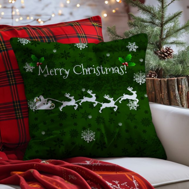 Green Santa's Sleigh and Reindeer Throw Pillow (Green Santa's Sleigh and Reindeer Throw Pillow)