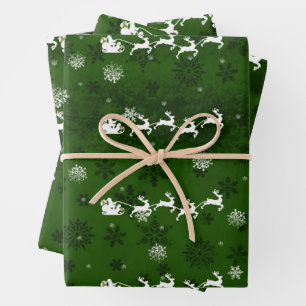 Green Santa's Sleigh and Reindeer Wrapping Paper