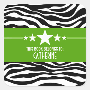 Green Sassy Star Zebra Bookplate Stickers