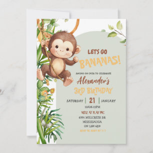 Green Savannah Monkey Let's Go Bananas Birthday Invitation
