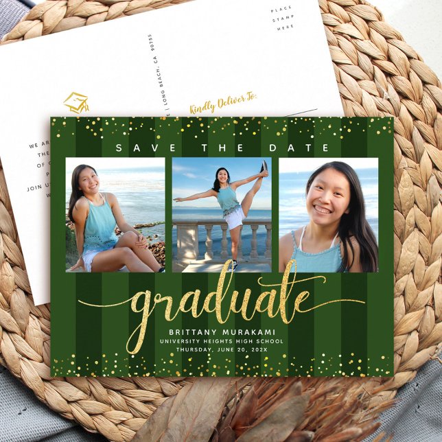 Green save the date graduation photo gold glitter invitation postcard (Creator Uploaded)