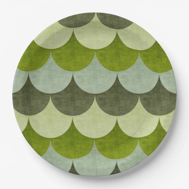 Green Scalloped Dragon Scale Pattern Paper Plate (Front)