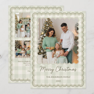 Green Scalloped Gingham 5 Photo Collage Christmas Holiday Card