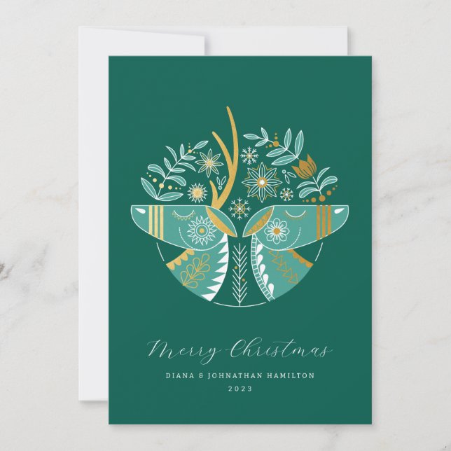 Green Scandi Reindeer Pair Christmas Holiday Card (Front)