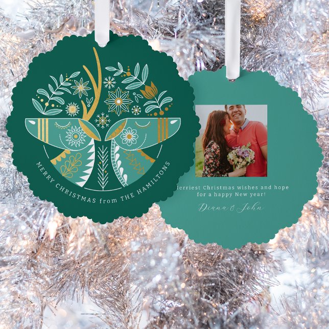 Green Scandi Reindeer Pair Christmas Tree Decoration Card (Round ornament card with folk illustrated pair of deer heads in green and white with faux gold foil)