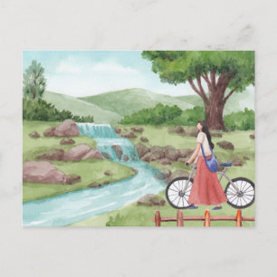 Green Scenery girl with bicycle Watercolor  Postcard