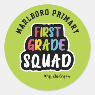 Green School Name First Grade Teacher Squad Classic Round Sticker