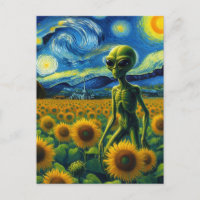 Green Scifi Alien in a Van Gogh Sunflower Field
