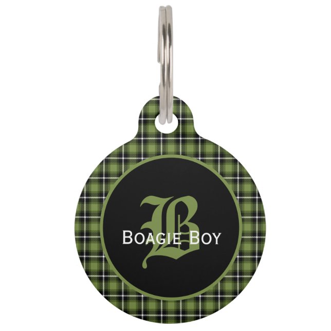 Green Scottish Plaid Monogram Large Pet Tag (Front)